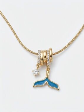 14K Gold Plated Whale Tail Necklace with Blue Enamel & Sparkling Zircon Charms